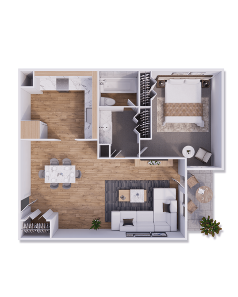 Floor plan for 1 bed, 1 bath, 913 sqft